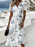 White Leaf Print Wrap V-Neck Short Sleeve Midi Dress