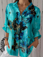 Women 3/4 Sleeve Lapel Floral Printed Graphic Button Top
