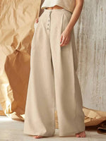 Solid Color High Waist Casual Button Cotton Wide Leg Pants