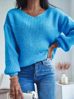 Blue Casual V Neck Solid Long Sleeve Sweater