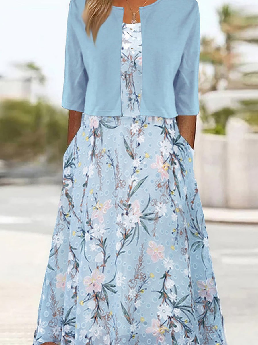 Half Sleeve Floral Two Piece Midi Dress