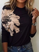 Chic Floral Print Round Neck Long Sleeve Top