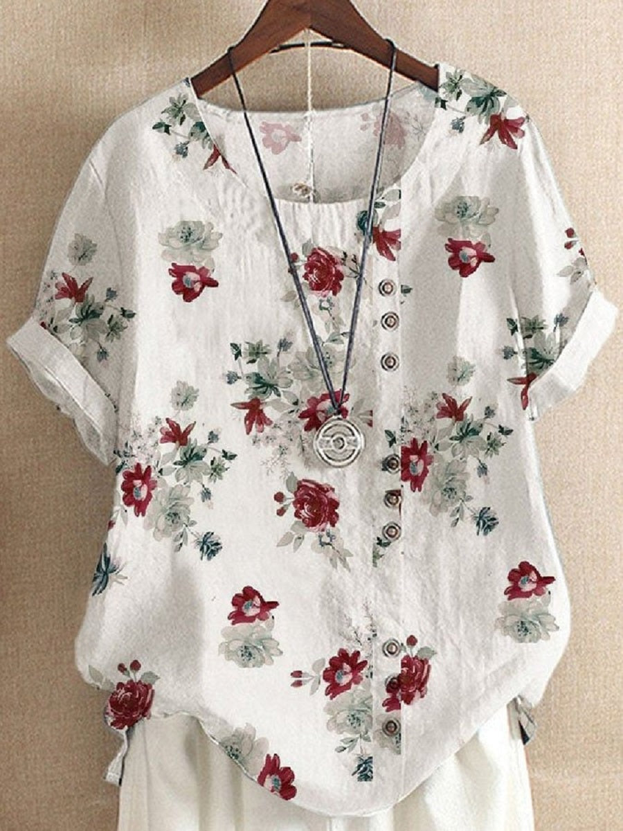 White Casual Round Neck Floral Printed Short Sleeve Blouse
