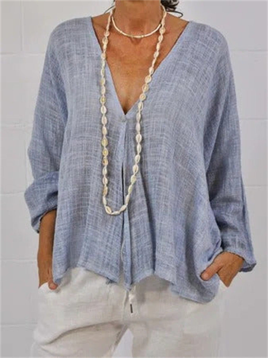 Women?ˉs Casual Solid Color Textured V Neck Loose Long Sleeve Blouse