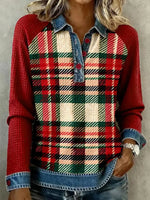 Special Check Long Sleeve Button Front Denim Top