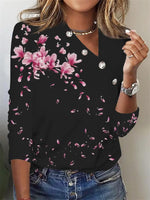 Black Casual Graphic Tops V Neck Floral Printed Long Sleeve Blouse