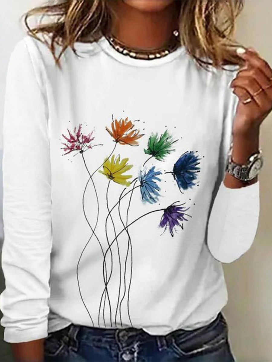White Casual Floral Print Crew Neck Blouse