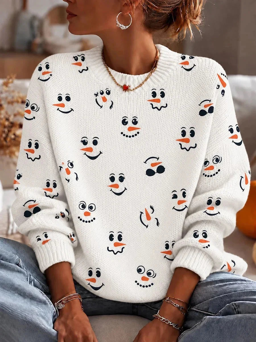 Women's Christmas Snowman Round Neck Long Sleeve Sweater