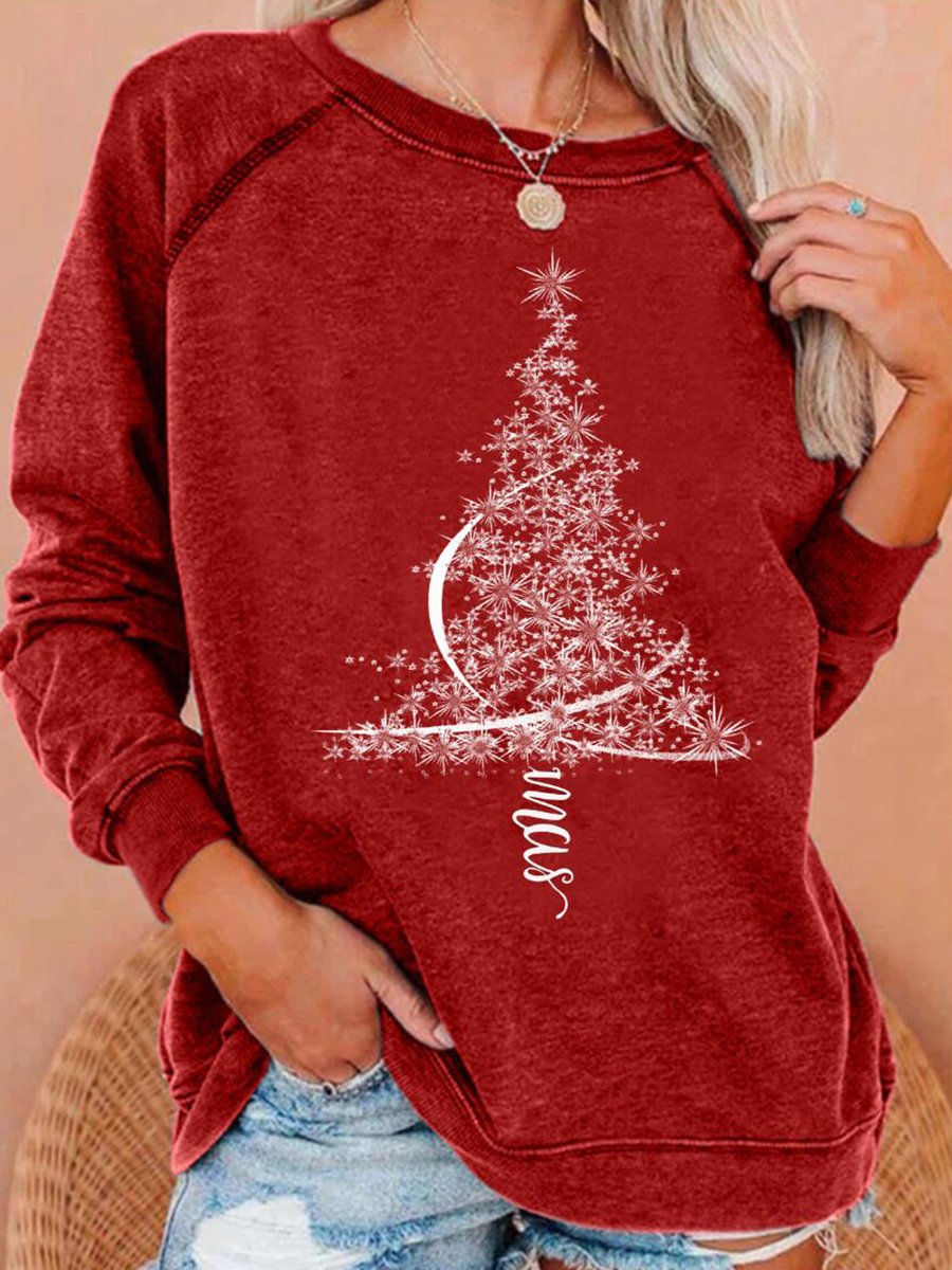 X-mas Tree Print Long Sleeve Round Neck Sweatshirt