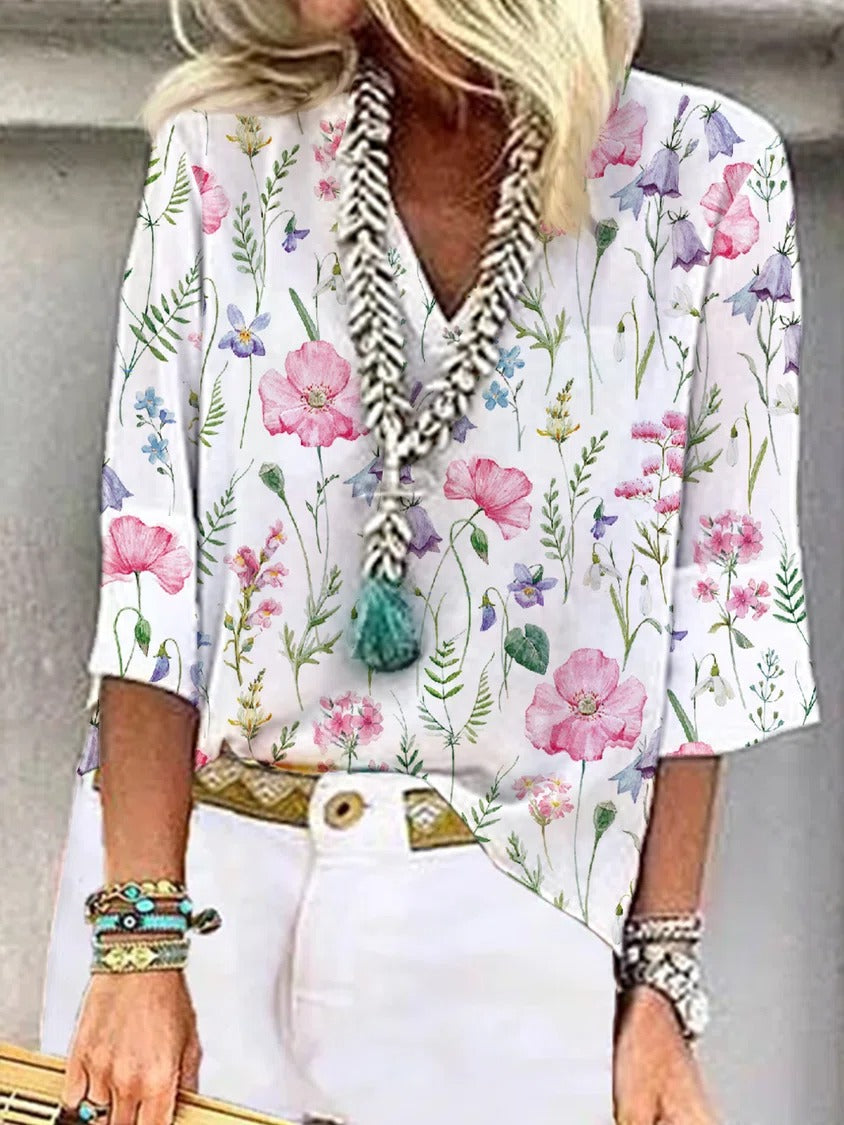 Multicolor Casual Graphic Tops V Neck Floral Printed 3/4 Sleeve Blouse