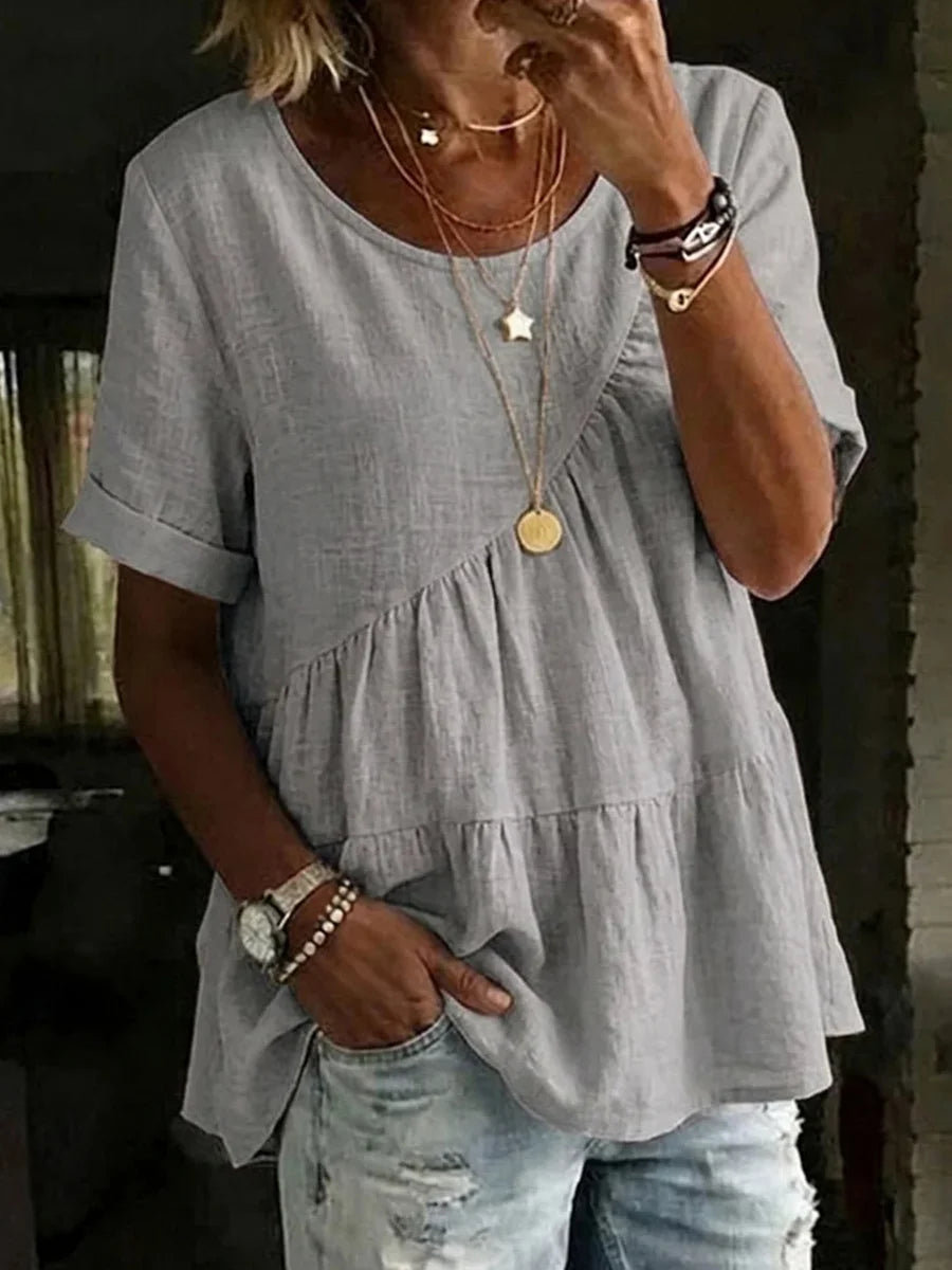 Women's Round Neck Solid Color Loose Short-sleeved Shirt