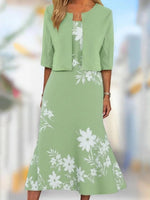 Green Side Pocket Floral Print Half Sleeve Midi Dress