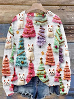 Christmas Tree Cute Cat Print Round Neck Long SleevePullover Sweater
