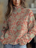 Retro Floral Print Round Neck Long Sleeve Comfy Sweater