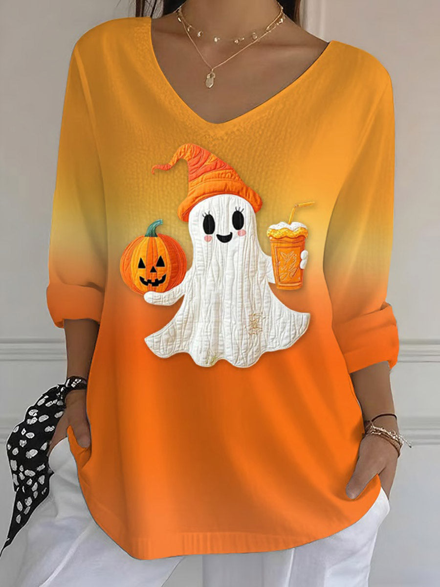 Women's Casual Autumn Gradient Ghost Print V-neck Bubble Ruffle Long Sleeve Top