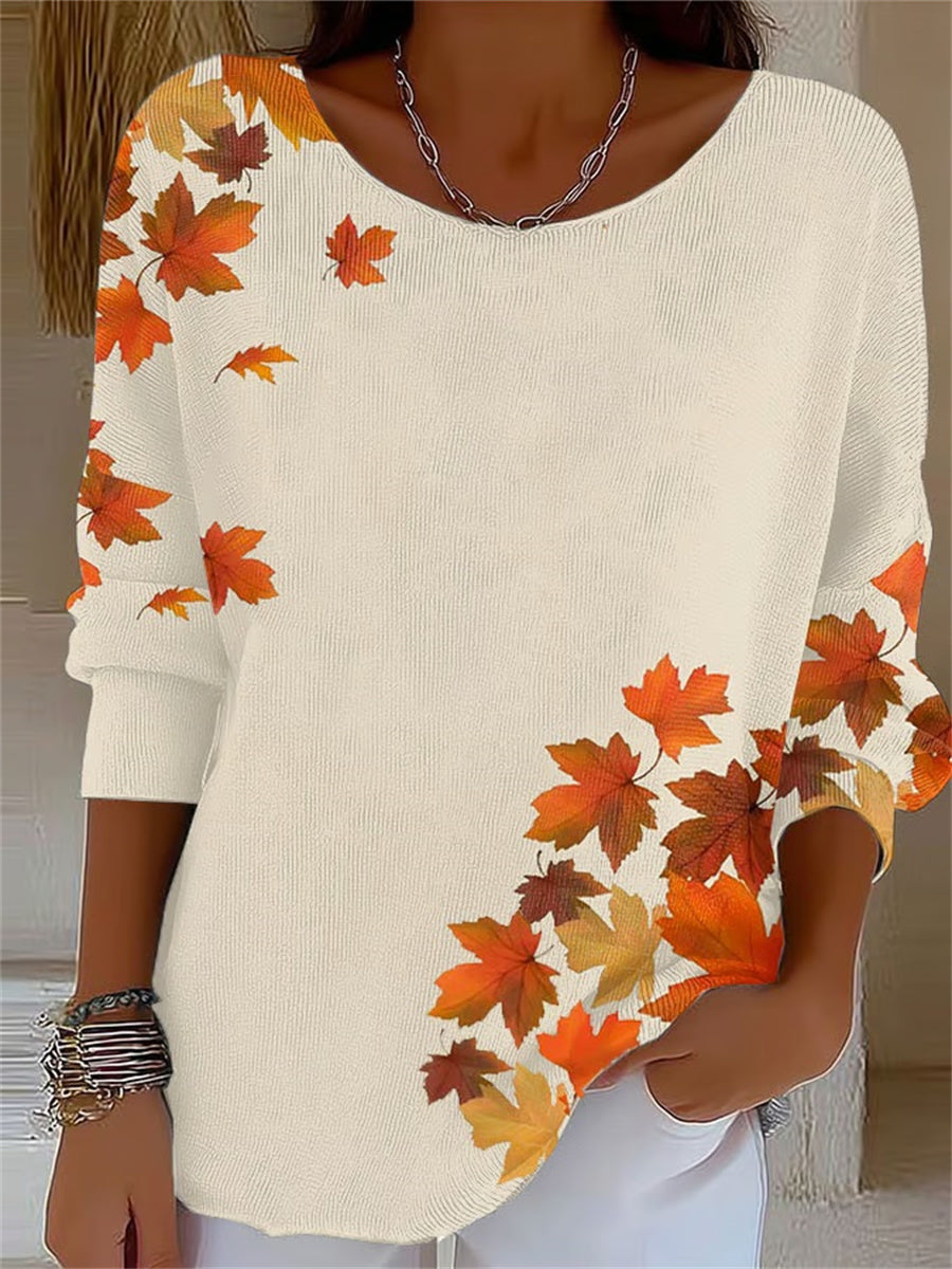 Women's Retro Autumn Maple Leaf Print Round Neck Long Sleeve Top