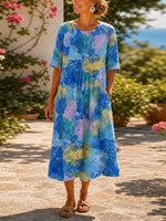 Bright Watercolor Floral Round Neck Pocket Loose Midi Dress