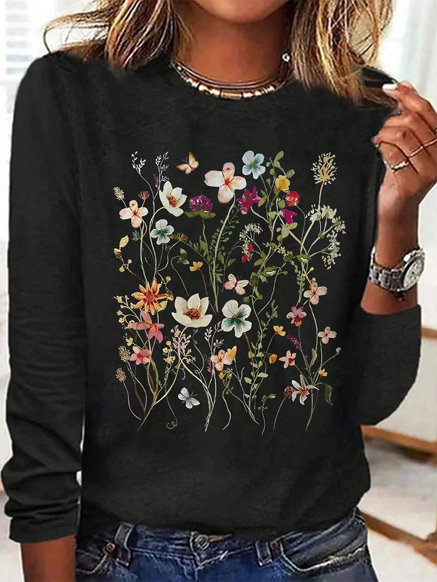Casual Floral Crew Neck Long Sleeve T-Shirt
