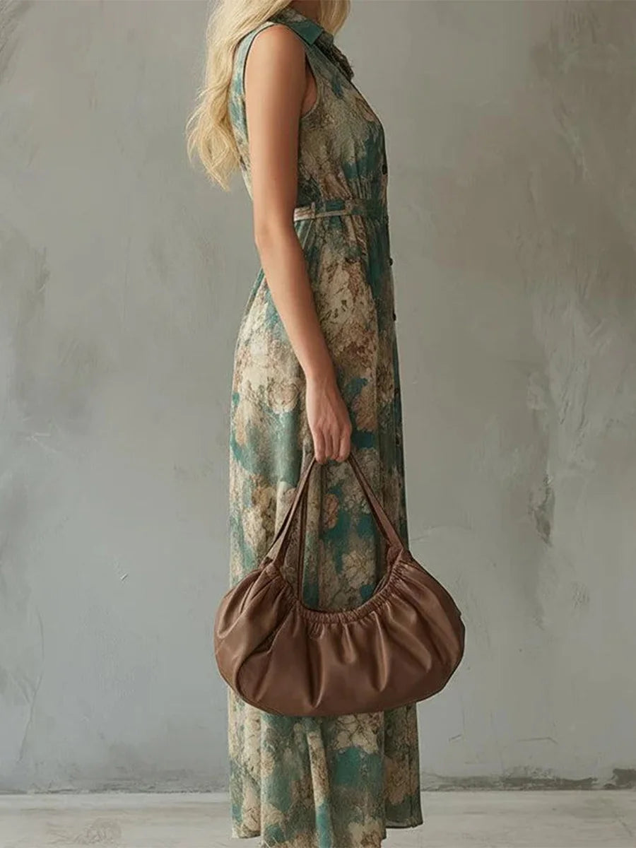 Green Floral Print Sleeveless Midi Dress