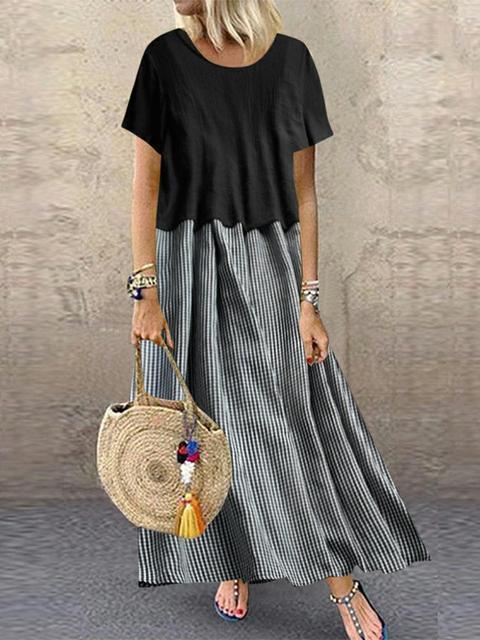 Short Sleeve Round Neck Plaid Casual Summer Two Piece Maxi Dress