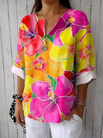 Romantic V-Neck Floral Print Long Sleeve Top