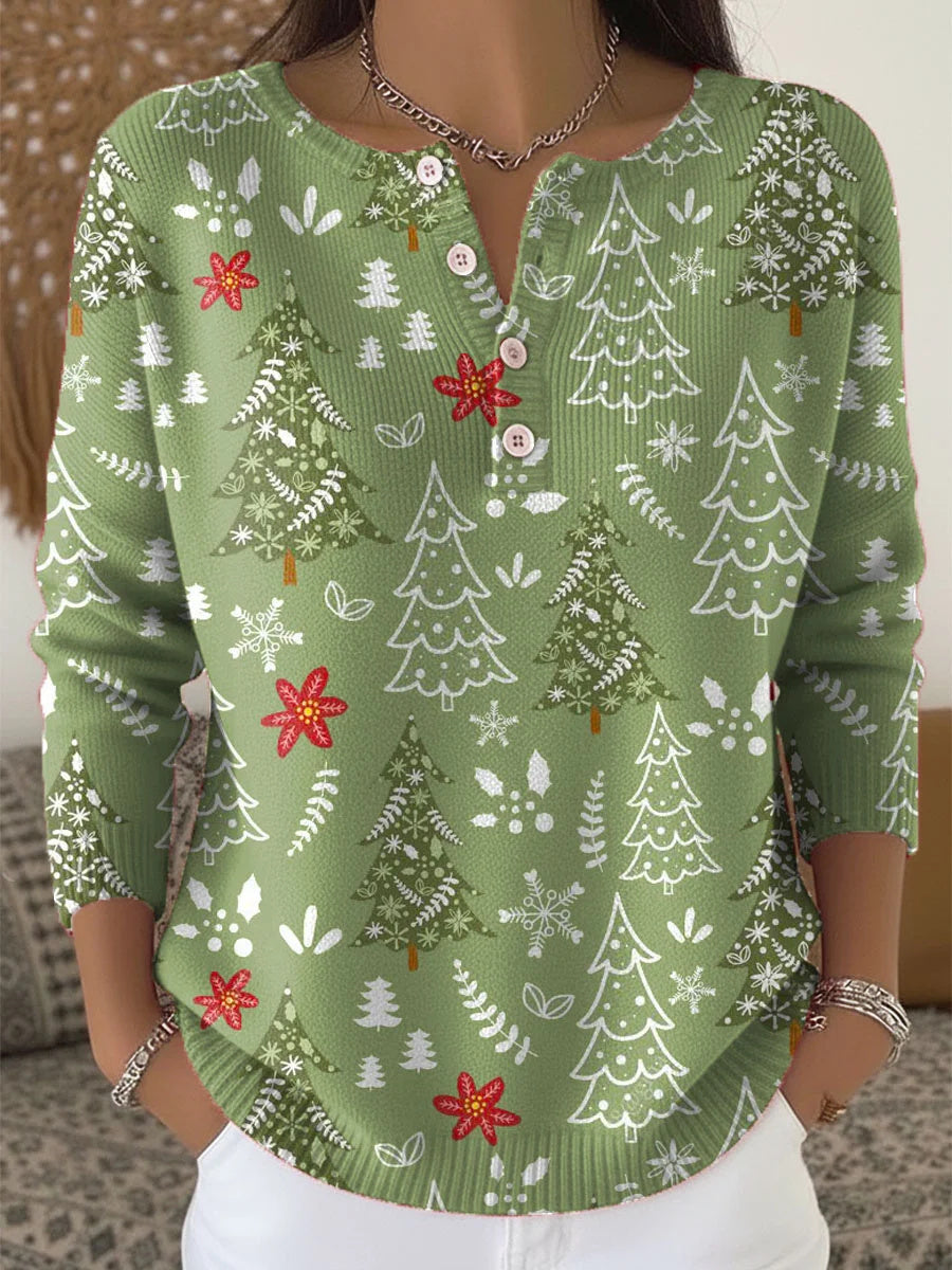 Women's Christmas Tree Print Round Neck Long Sleeve Buttoned Cardigan Sweater