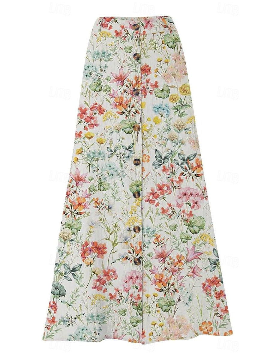 Women's Floral Printed Graphic Straight Fashion Split Button Maxi High Waist Skirt