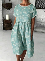 Mint Green Floral Print Round Neck Short Sleeve Pocket Dress
