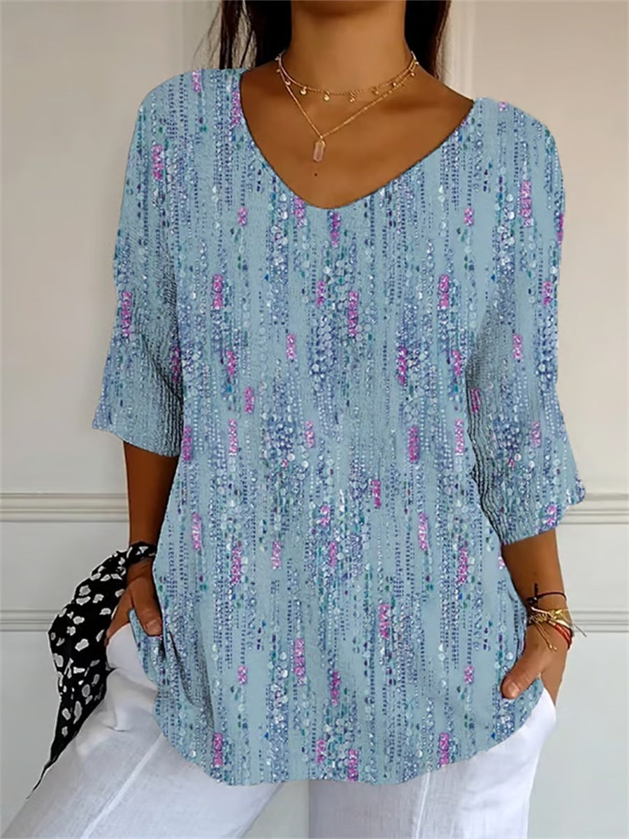 Women's Artistic Design Printed Casual V-Neck 3/4 Sleeve T-Shirt