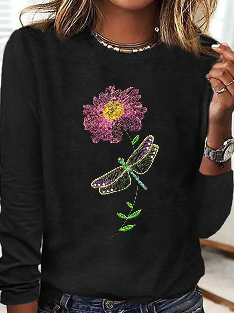 Black Dragonfly Flower Print Round Neck Long Sleeve Top