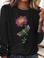 Black Dragonfly Flower Print Round Neck Long Sleeve Top