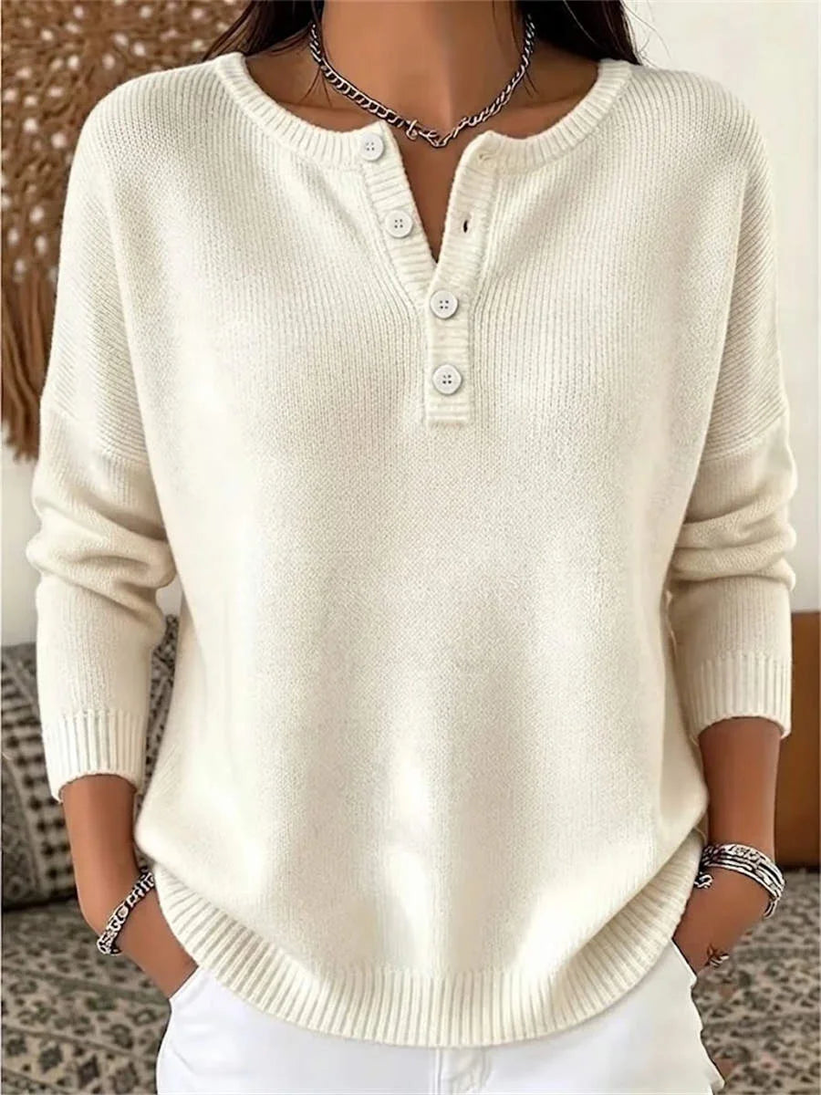 Vintage Plain Henley Collar Long Sleeve Sweater
