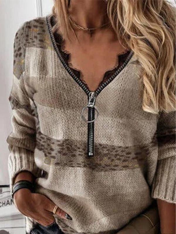 Khaki Casual Tops V-neck Long Sleeve Leopard Printed Sweater