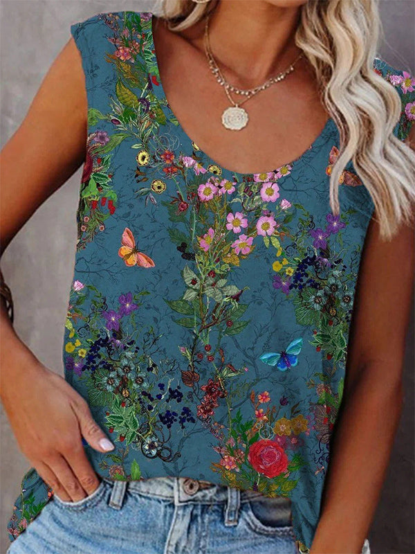 Casual Round Neck Sleeveless Floral Printed Blouse