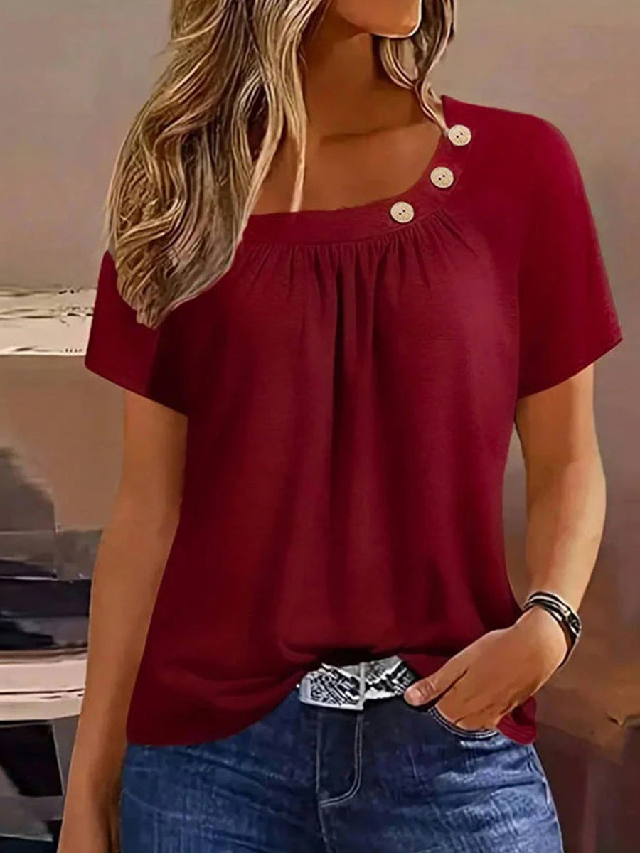 Vintage Solid Colour Square Neck Short Sleeve Blouse
