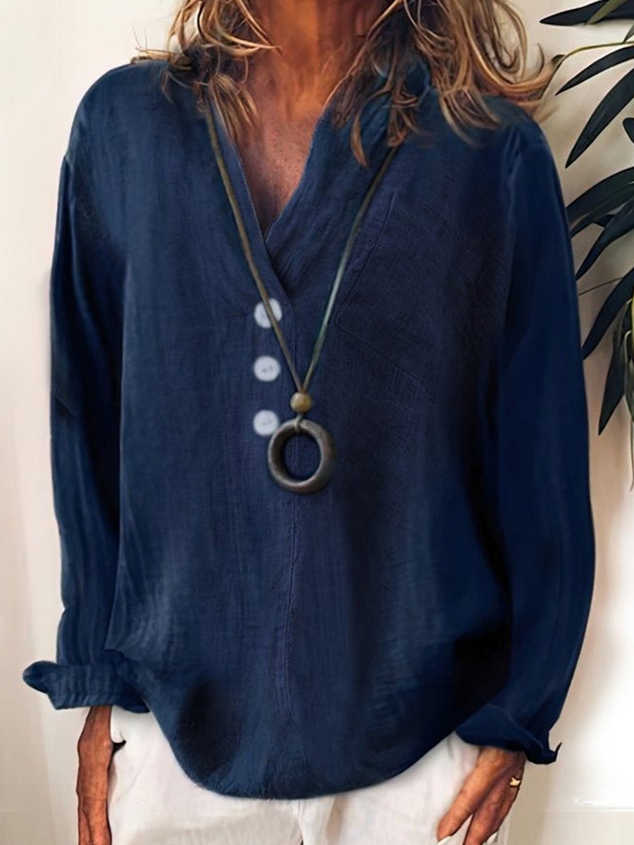Plain Solid Button V Neck Casual Cotton Long Sleeve Blouse