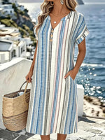Multicolor Stripe Print V-neck Short Sleeve Pocket Midi Dress