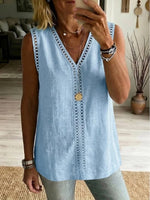 Casual V-neck Sleeveless Cutout Webbing And Patchwork Top