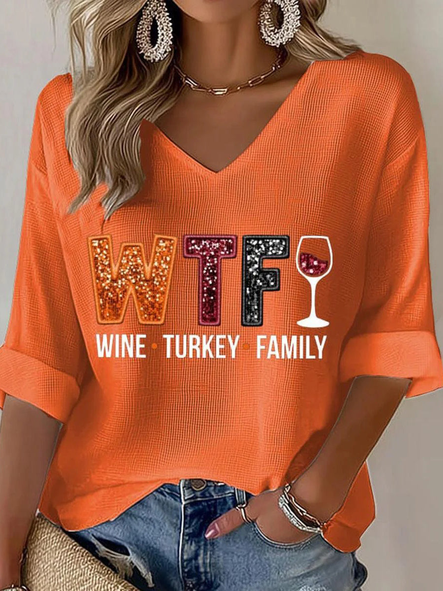 Orange 3/4 Sleeve V-Neck Top