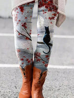 Multicolor Casual Black Cat Scenery Printed Leggings
