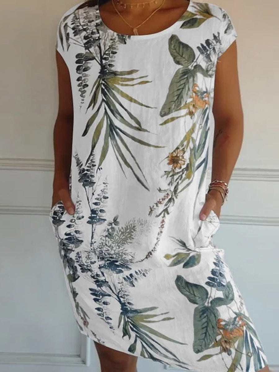 Leaves PrintedRound Neck Printed Sleeveless Dress