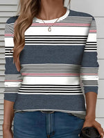 Youthful Round Neck Long Sleeve Striped Print Top