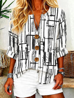 White Grid Geometric Cuffed 3/4 Sleeve Shirt Blouse