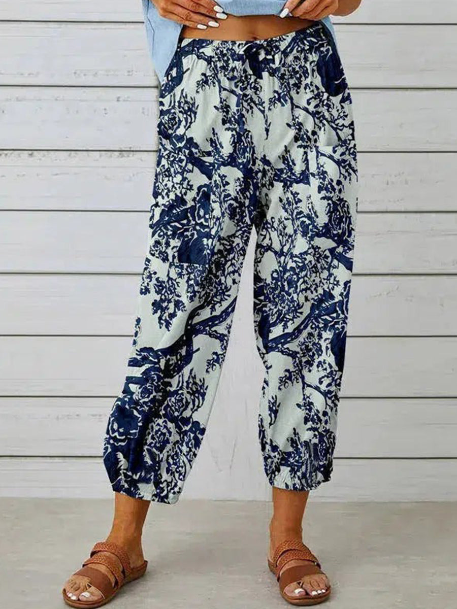 Navy Print Elastic Waistband Pants