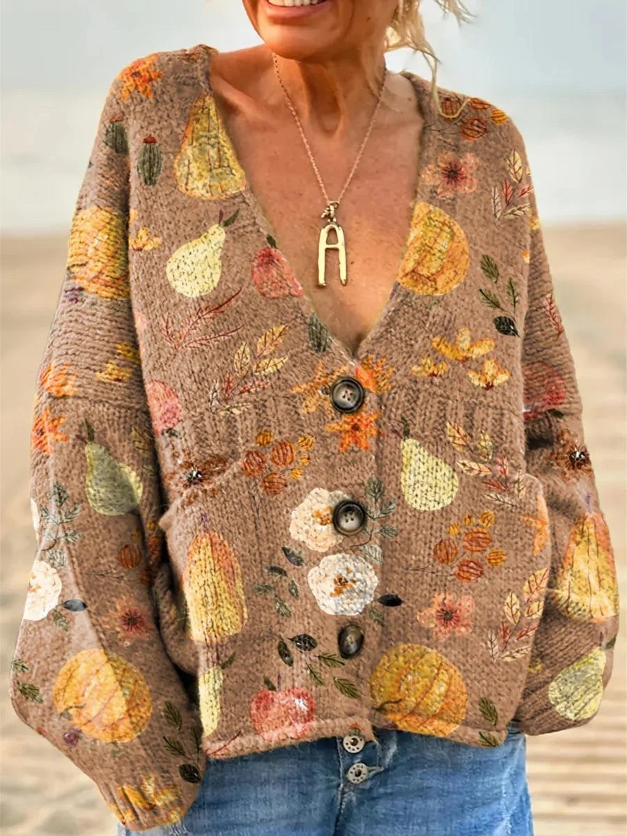 Women's Lovely Autumn Pumpkin Pattern Art PrintV-neck Long Sleeve Casual Pullover Sweater