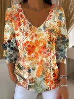 Women's Autumn Leaves Casual Print V-neck Long Sleeve Pullover Sweater