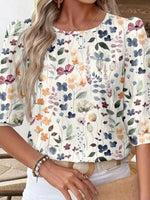 Watercolor Floral Puff 3/4 Sleeve Round Neck Top