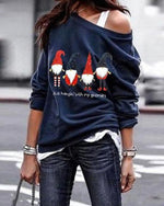 Santa Printed Long Sleeve Oblique Shoulder Sweatshirt