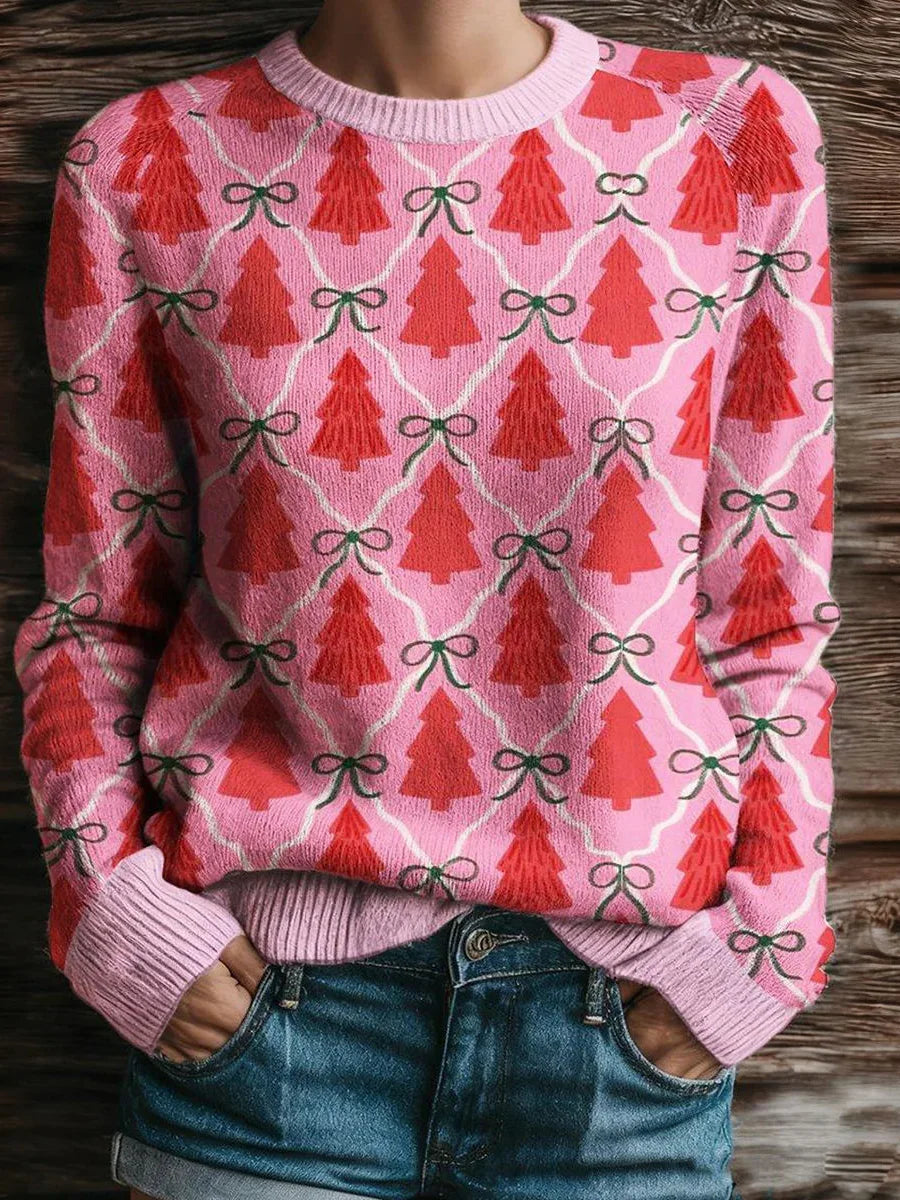 Pink Christmas Tree Round Neck Long Sleeve Sweater