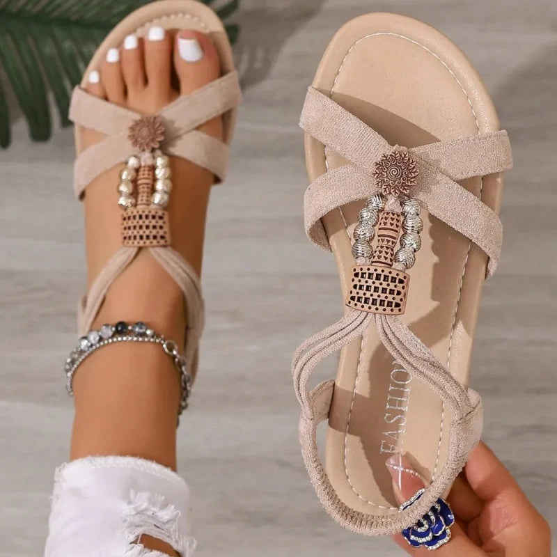 Women's Summer Vacation-Style Beaded Flat Sandals